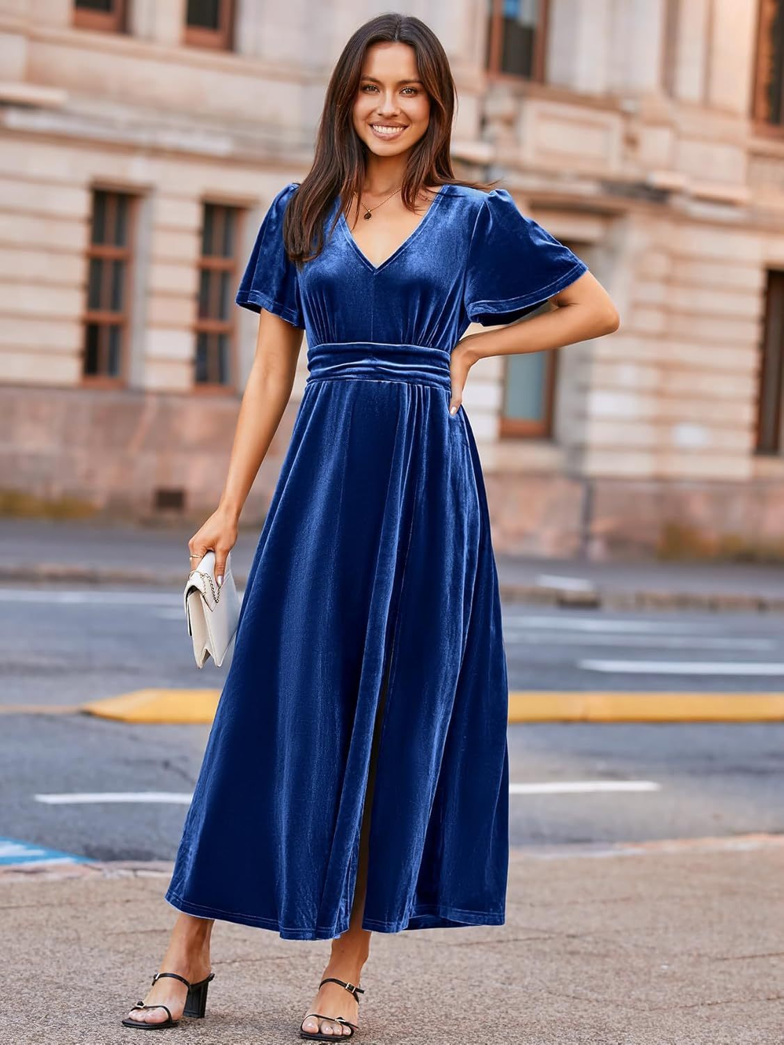 Elegant Velvet V-Neck Slit Ruffle Sleeve Maxi Dress - Navy Blue