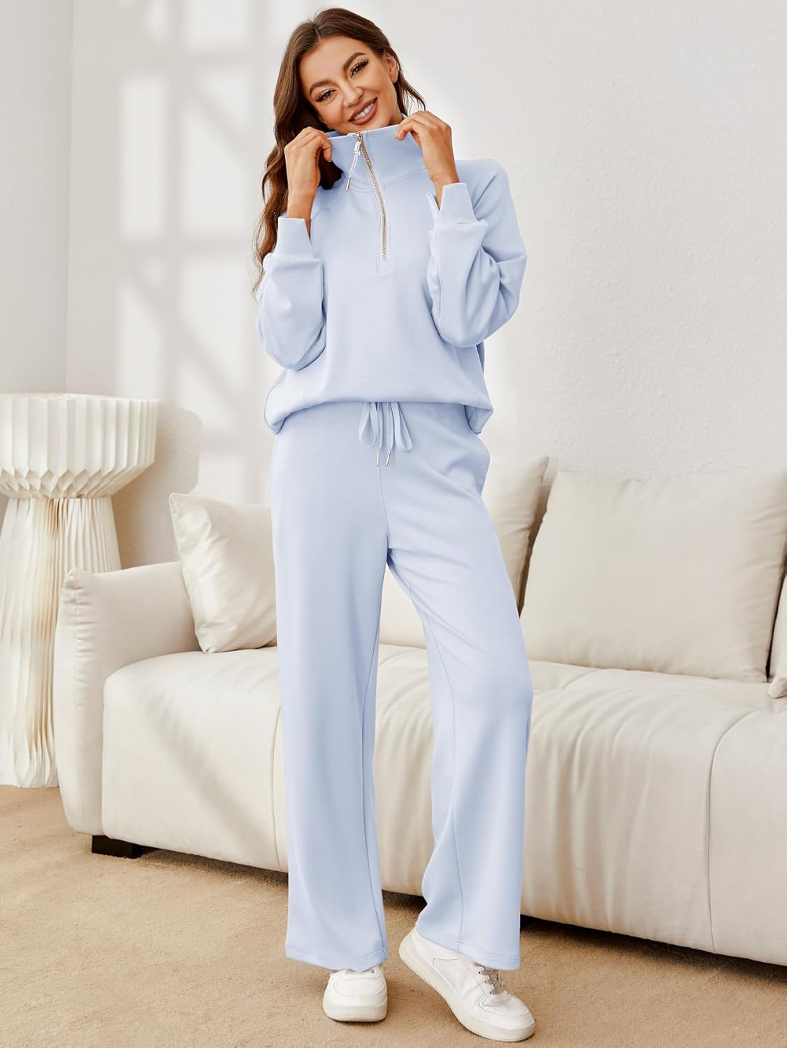 Glamaker Womens 2 Piece Outfits Sweatsuit Set Oversized Half Zip Sweatshirt Wide Leg Sweatpants Lounge Set Tracksuit