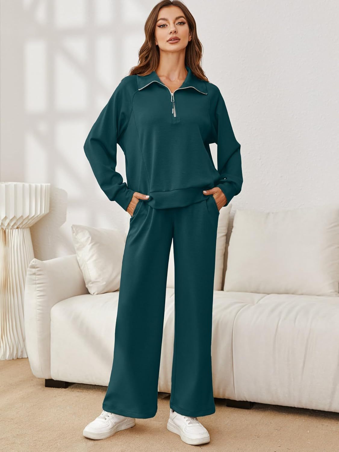 Oversized Half Zip Sweatshirt Wide Leg Pants Set - Dark Green