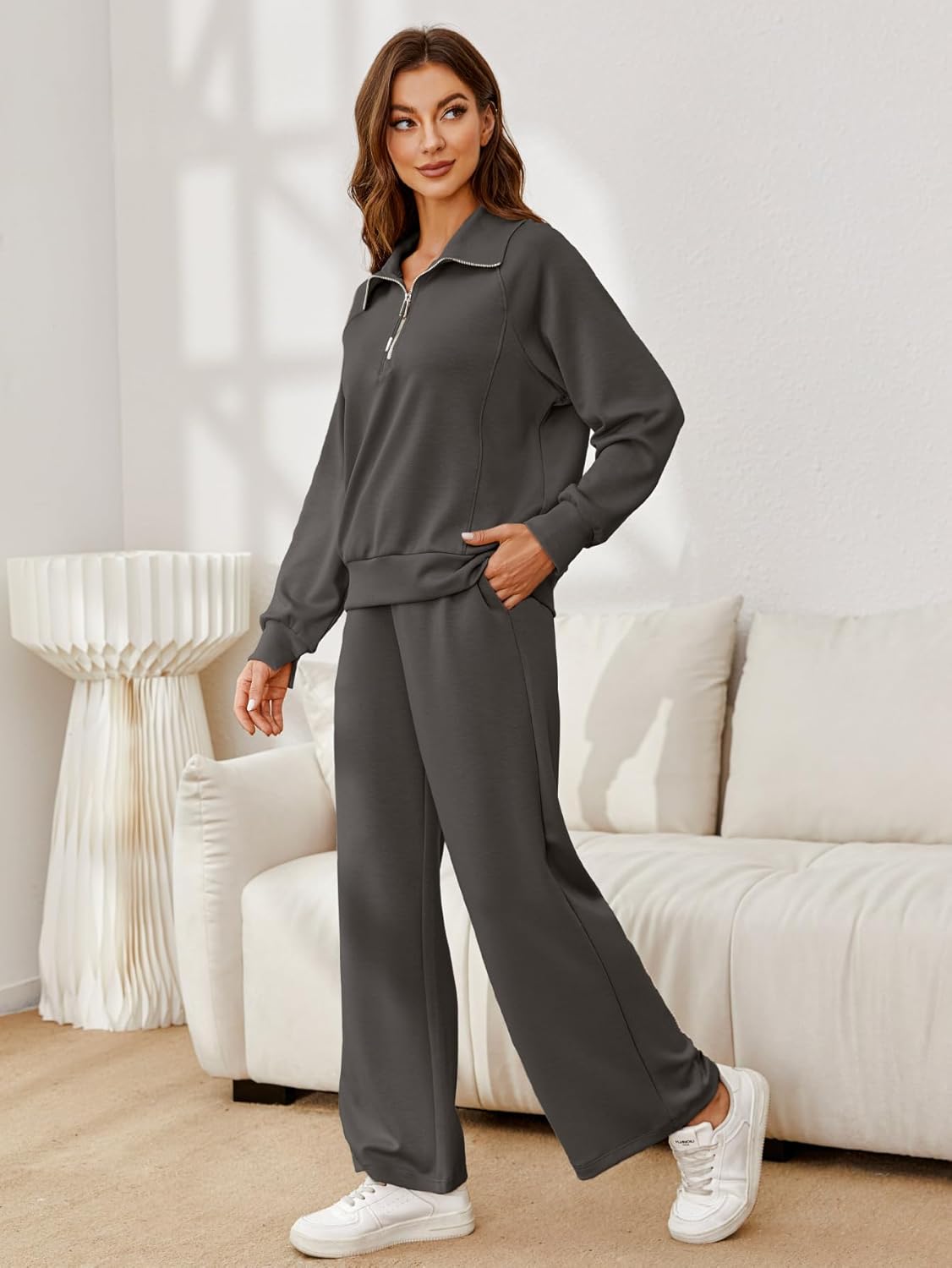 Glamaker Womens 2 Piece Outfits Sweatsuit Set Oversized Half Zip Sweatshirt Wide Leg Sweatpants Lounge Set Tracksuit