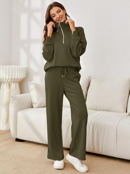 Glamaker Womens 2 Piece Outfits Sweatsuit Set Oversized Half Zip Sweatshirt Wide Leg Sweatpants Lounge Set Tracksuit