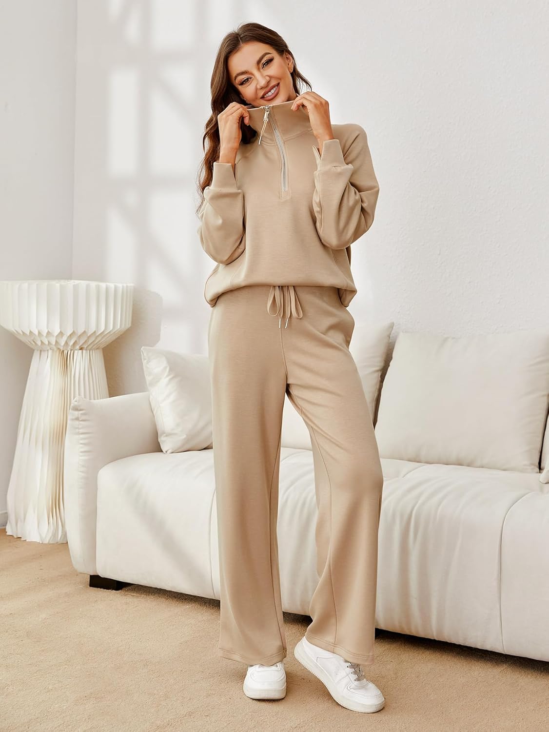 Glamaker Womens 2 Piece Outfits Sweatsuit Set Oversized Half Zip Sweatshirt Wide Leg Sweatpants Lounge Set Tracksuit