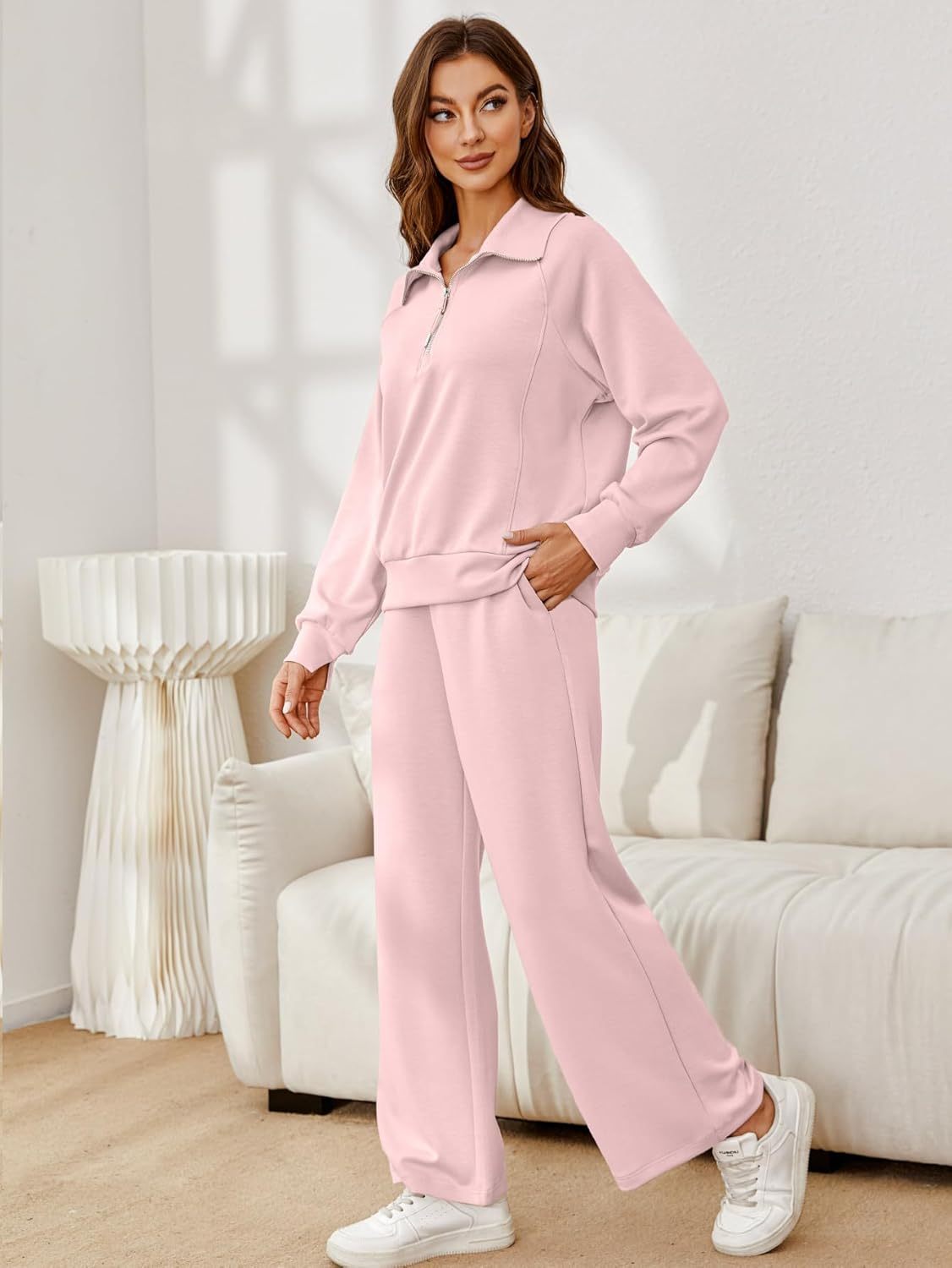 Glamaker Womens 2 Piece Outfits Sweatsuit Set Oversized Half Zip Sweatshirt Wide Leg Sweatpants Lounge Set Tracksuit