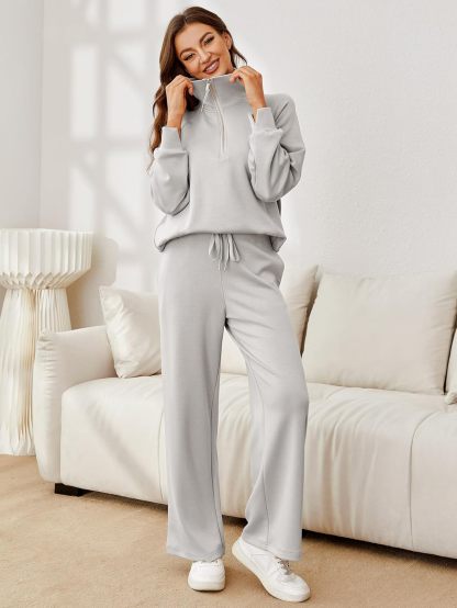 Glamaker Womens 2 Piece Outfits Sweatsuit Set Oversized Half Zip Sweatshirt Wide Leg Sweatpants Lounge Set Tracksuit