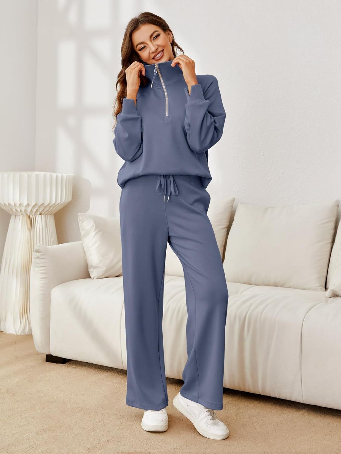 Glamaker Womens 2 Piece Outfits Sweatsuit Set Oversized Half Zip Sweatshirt Wide Leg Sweatpants Lounge Set Tracksuit