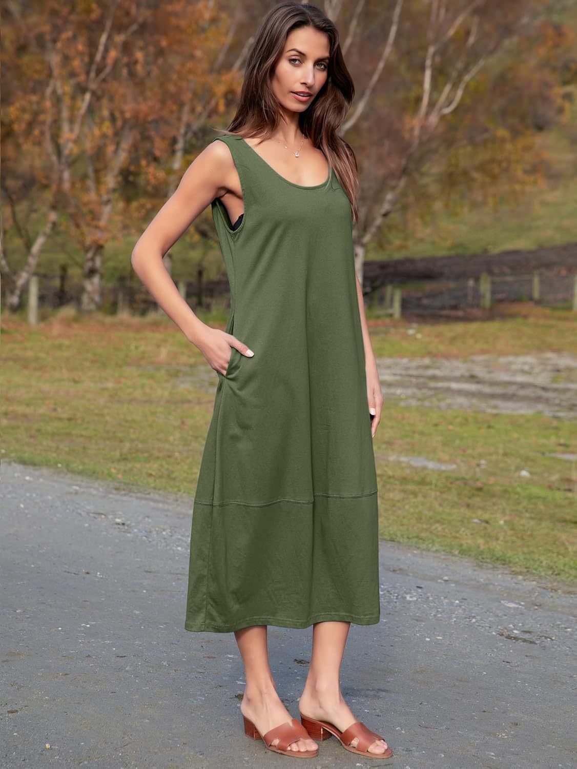 Natural Cotton Sleeveless Summer Sundress - Olive Green