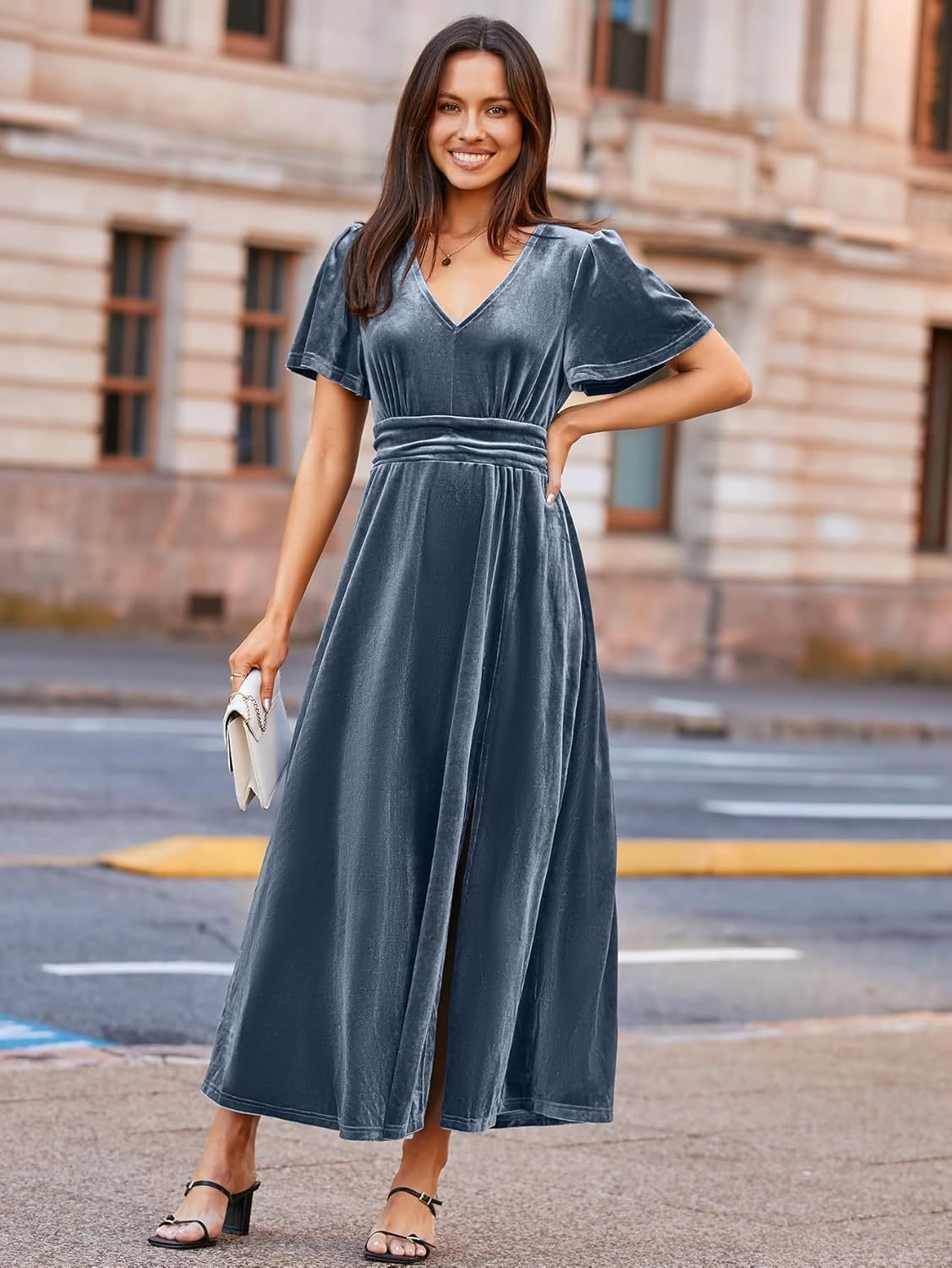 Elegant Velvet V-Neck Slit Ruffle Sleeve Maxi Dress - Glamaker