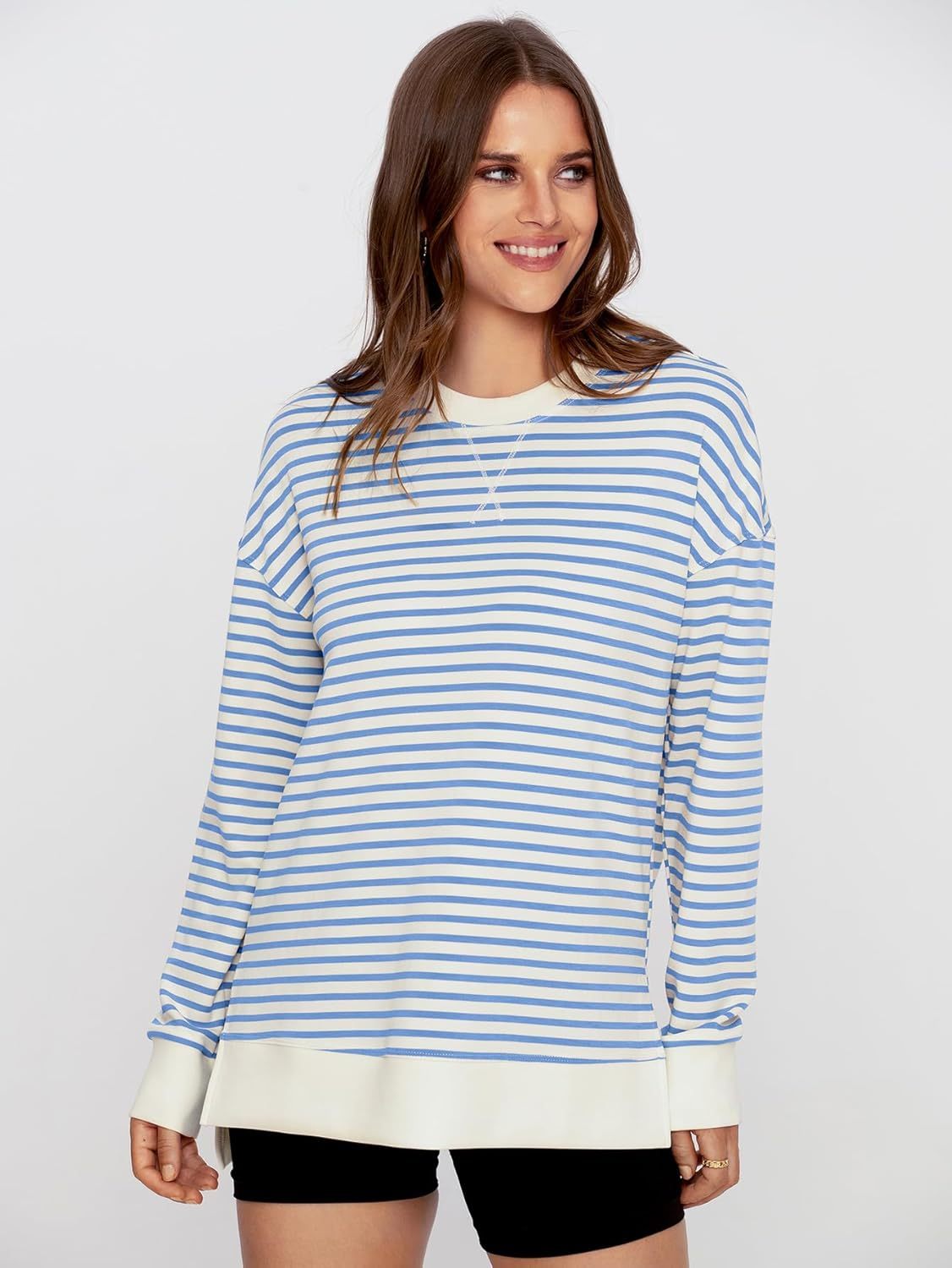 Crewneck Striped Pullover Sweatshirt - Striped-light Blue