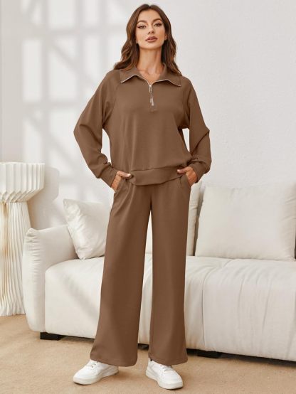 Oversized Half Zip Sweatshirt Wide Leg Pants Set - Brown