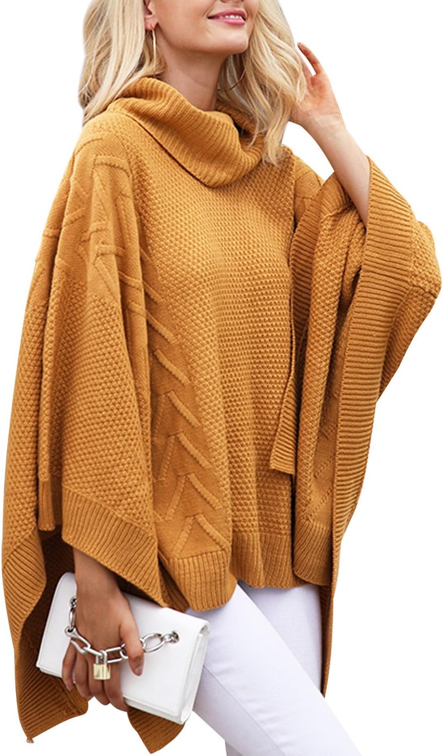 Turtleneck Batwing Sleeve Asymmetric Knitted Sweater - Camel