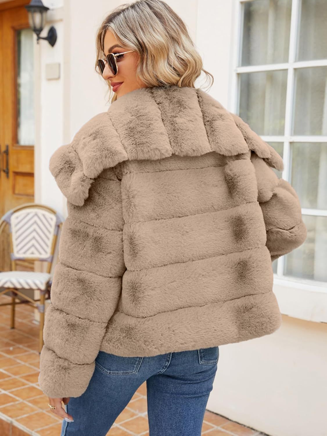 Cropped Faux Fur Winter Coat Jacket - Light Khaki