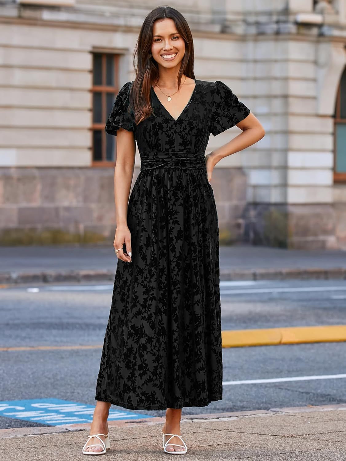Velvet Floral Slit V-Neck Flutter Sleeve Maxi Dress - Black