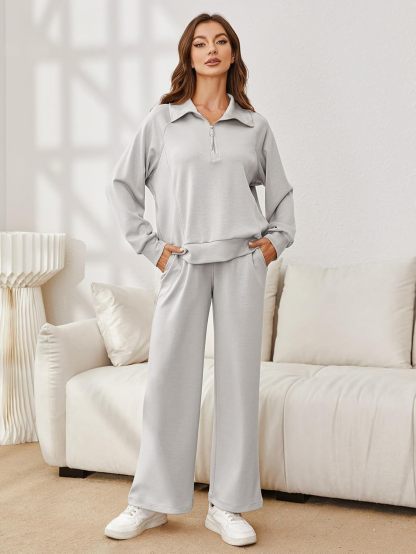 Oversized Half Zip Sweatshirt Wide Leg Pants Set - Grey
