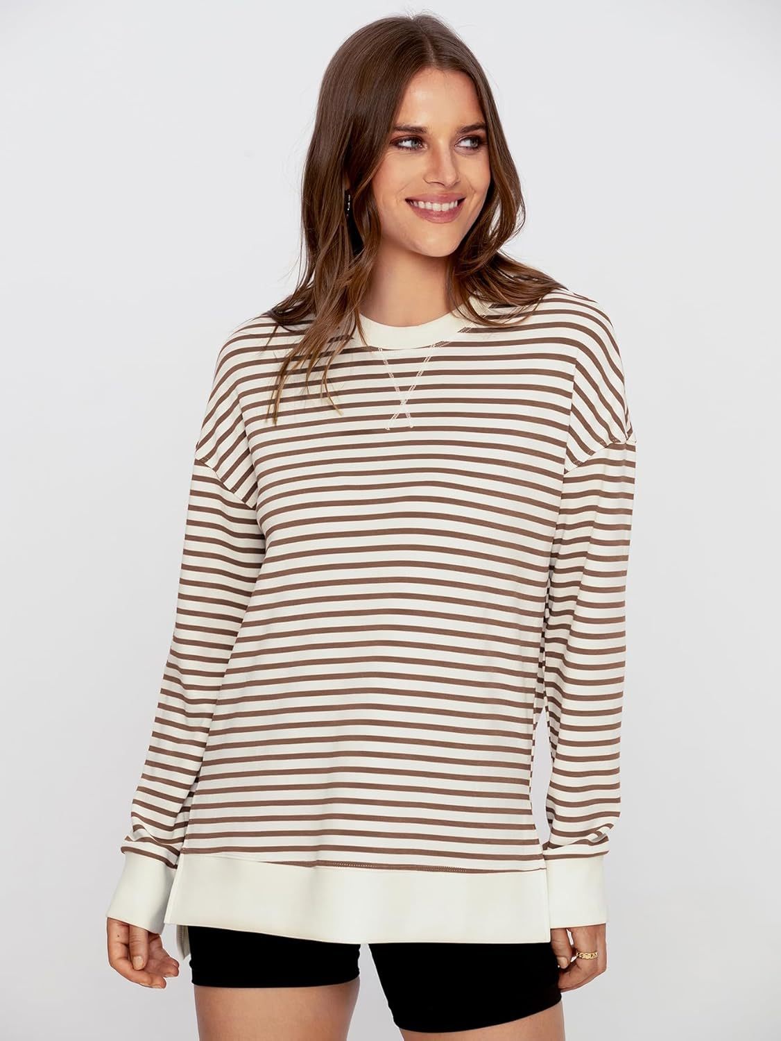Crewneck Striped Pullover Sweatshirt - Striped-coffee