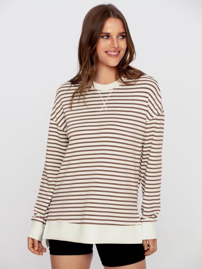 Crewneck Striped Pullover Sweatshirt - Striped-coffee