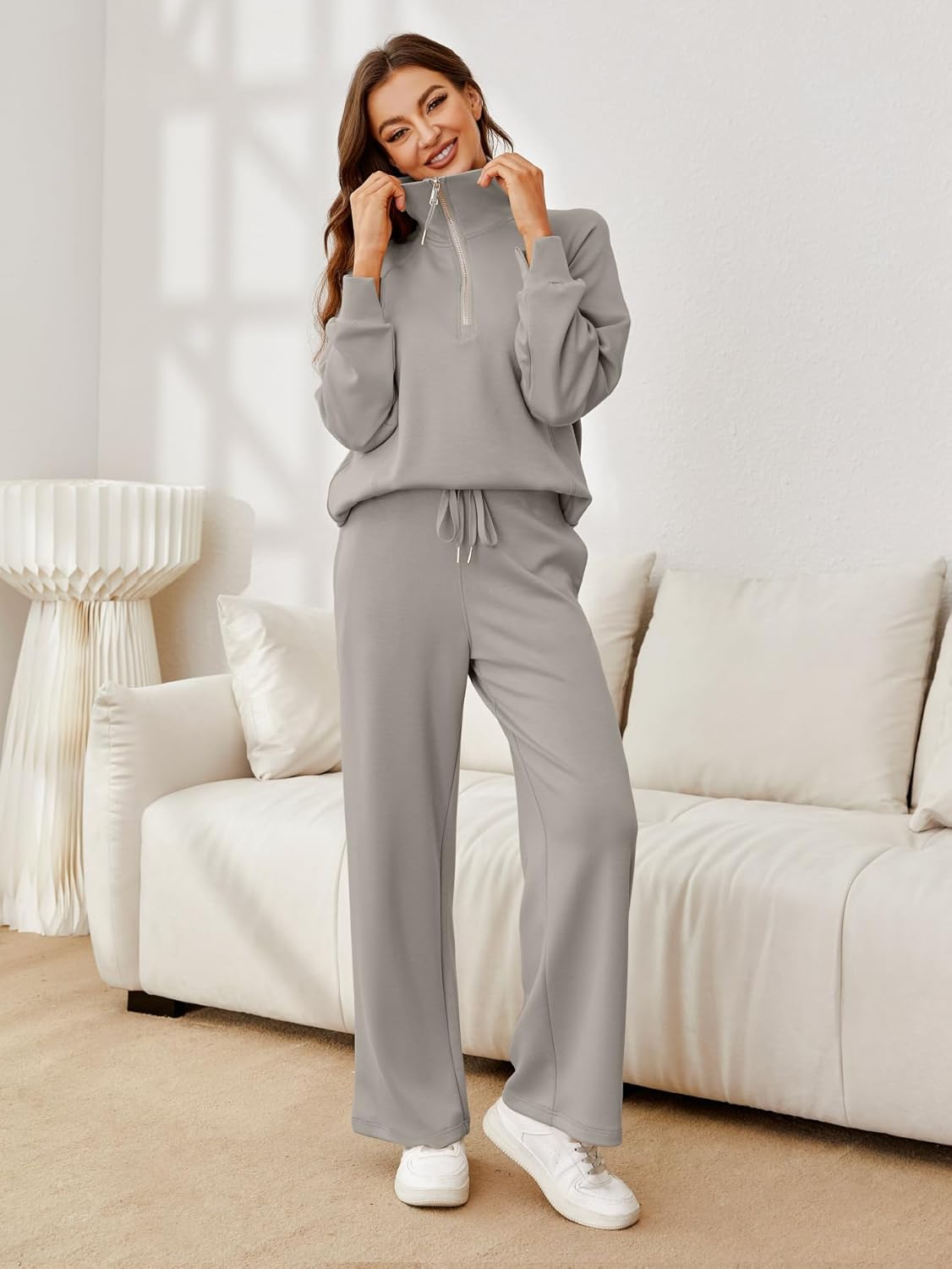 Glamaker Womens 2 Piece Outfits Sweatsuit Set Oversized Half Zip Sweatshirt Wide Leg Sweatpants Lounge Set Tracksuit