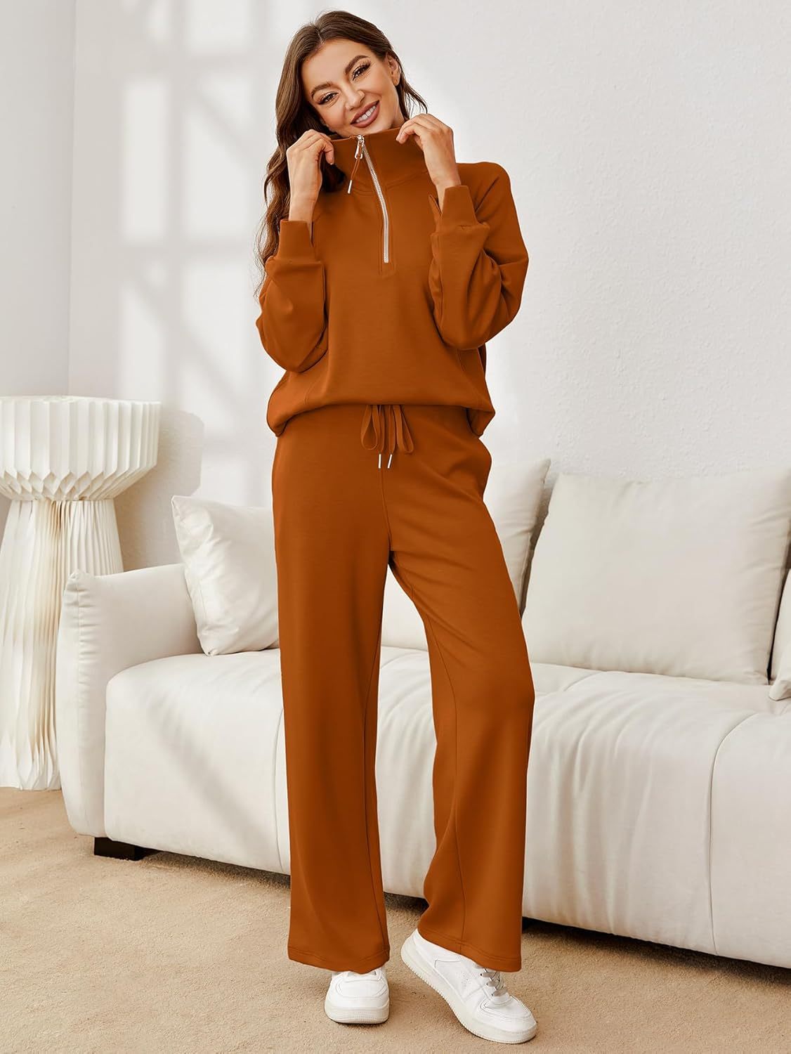 Glamaker Womens 2 Piece Outfits Sweatsuit Set Oversized Half Zip Sweatshirt Wide Leg Sweatpants Lounge Set Tracksuit