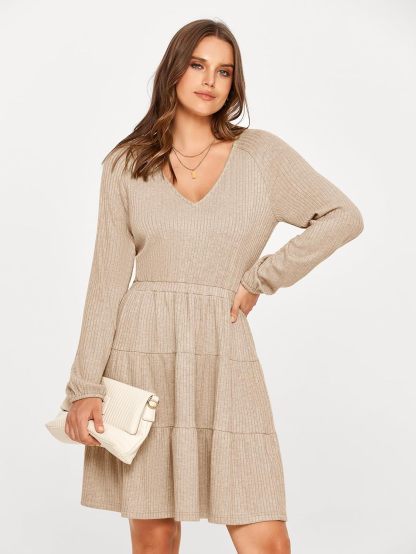 Ribbed V Neck Balloon Sleeve Mini Dress - Khaki