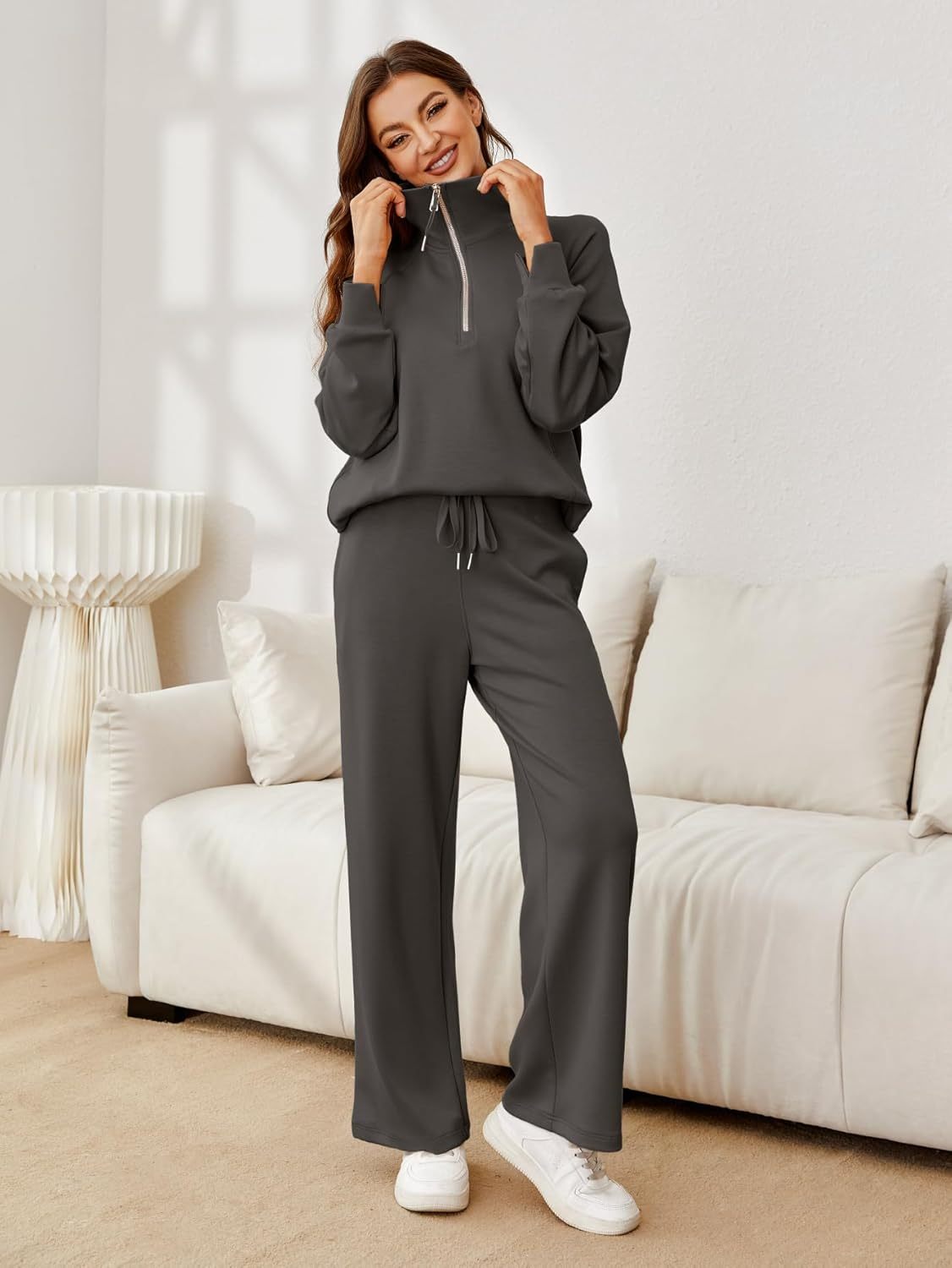 Glamaker Womens 2 Piece Outfits Sweatsuit Set Oversized Half Zip Sweatshirt Wide Leg Sweatpants Lounge Set Tracksuit