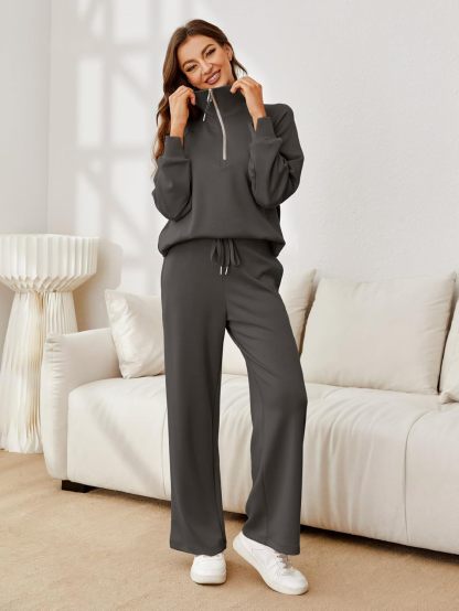Glamaker Womens 2 Piece Outfits Sweatsuit Set Oversized Half Zip Sweatshirt Wide Leg Sweatpants Lounge Set Tracksuit