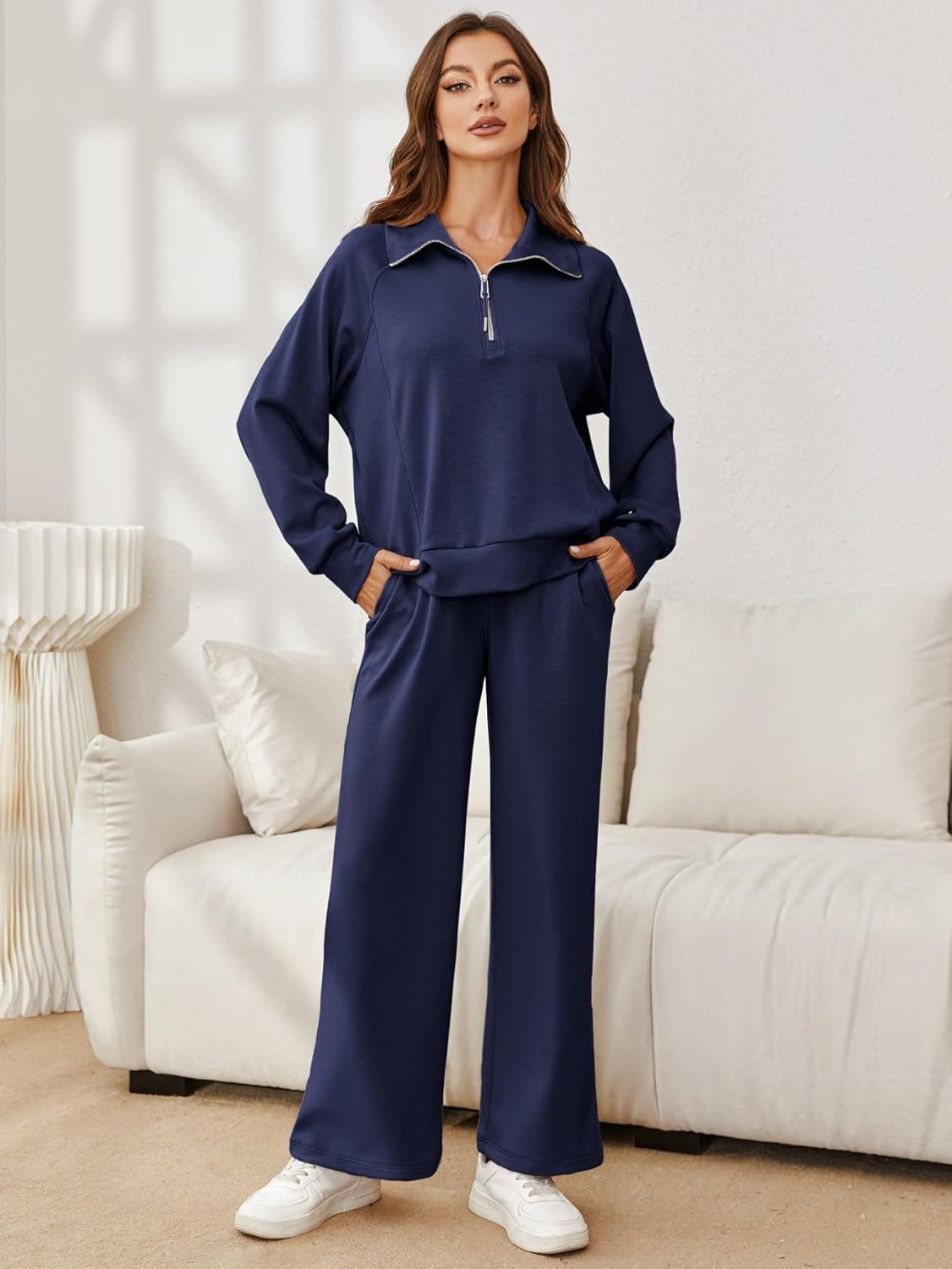 Oversized Half Zip Sweatshirt Wide Leg Pants Set - Navy Blue
