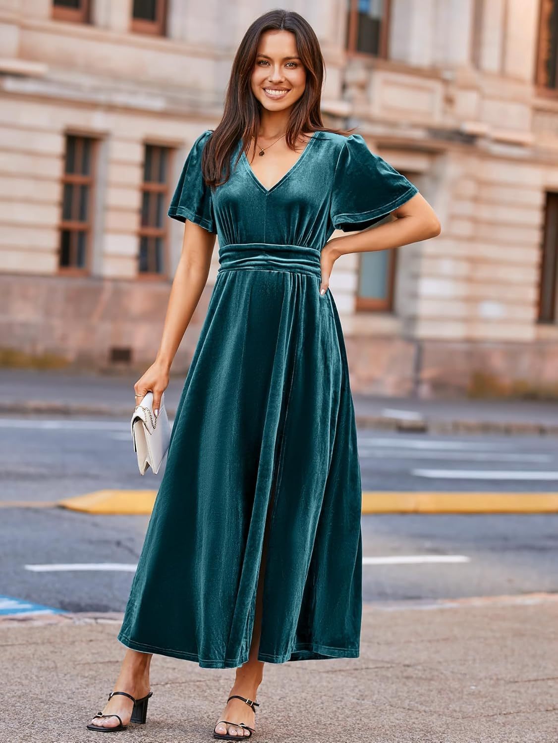 Elegant Velvet V-Neck Slit Ruffle Sleeve Maxi Dress - Teal Blue