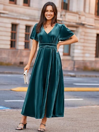 Elegant Velvet V-Neck Slit Ruffle Sleeve Maxi Dress - Teal Blue