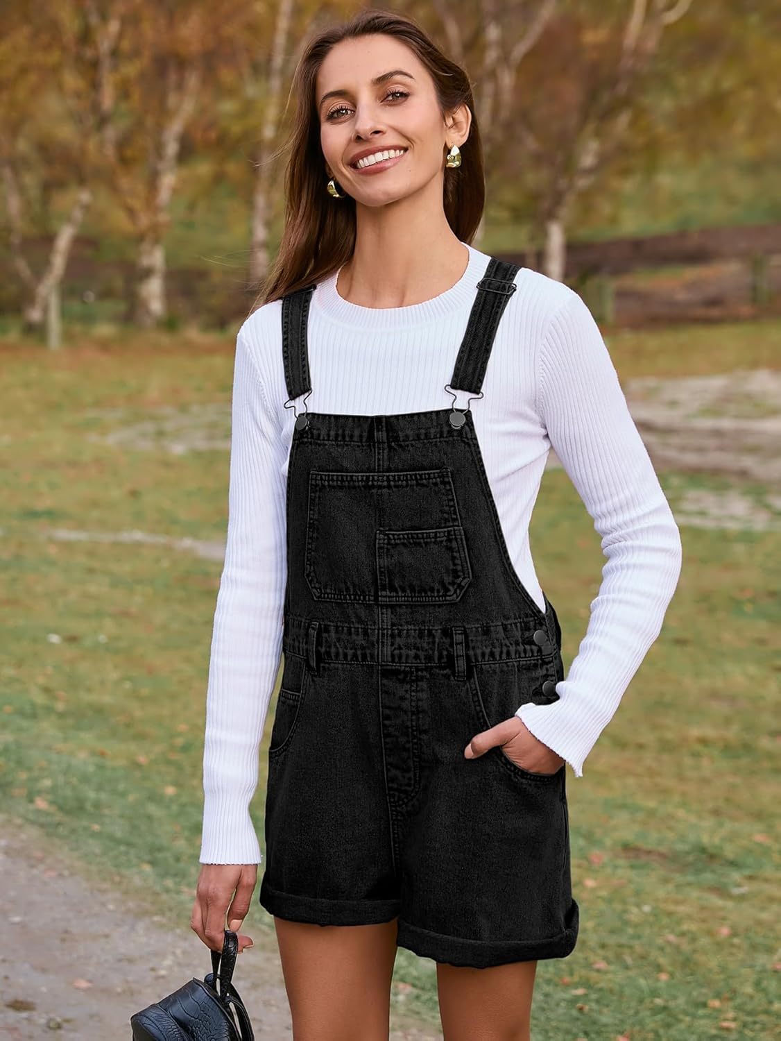 Casual Loose Fit Denim Romper with Pockets - Denim Black