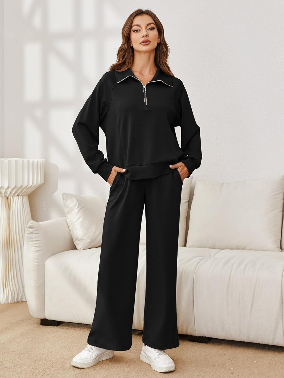Oversized Half Zip Sweatshirt Wide Leg Pants Set - Black