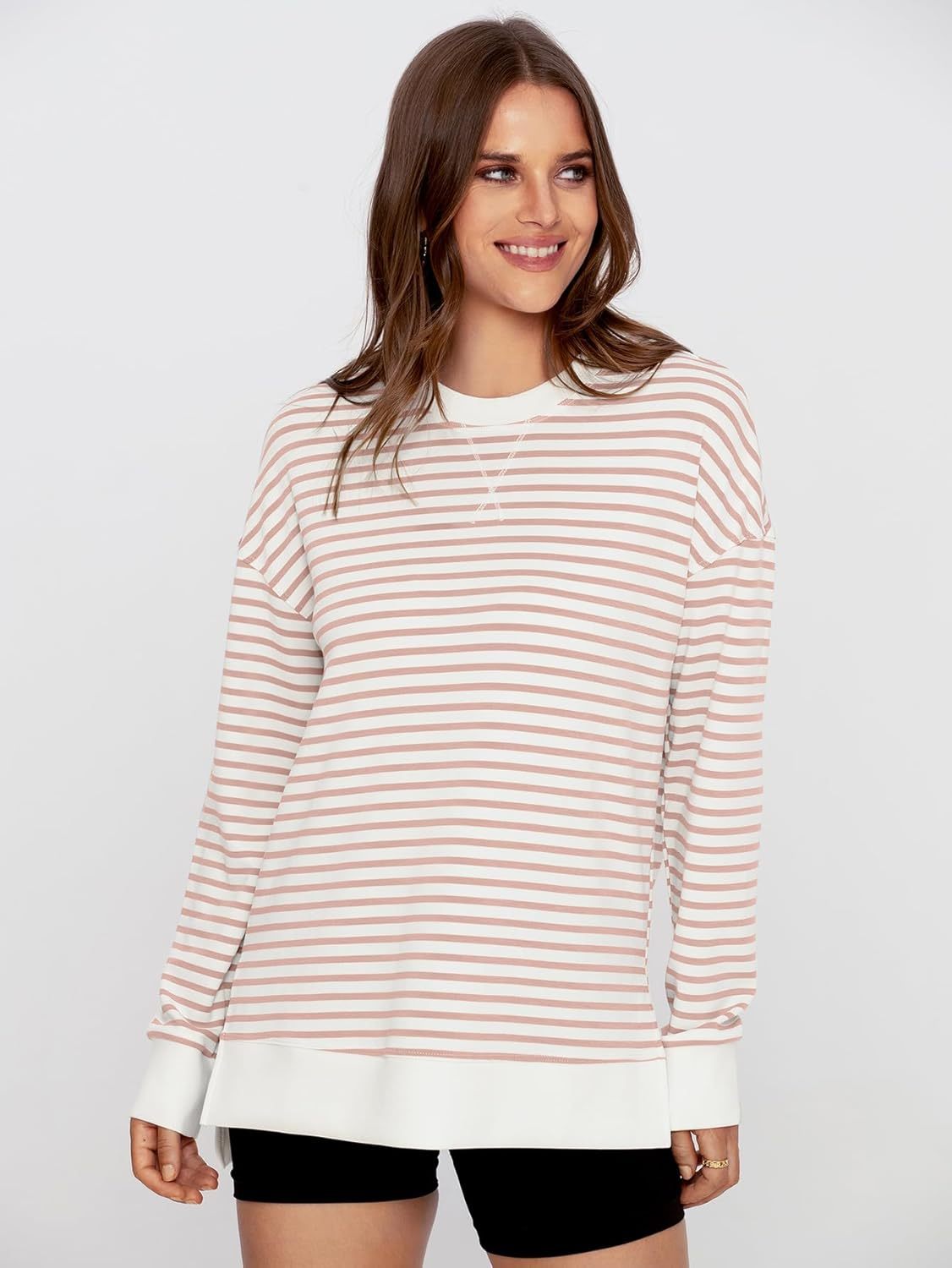 Crewneck Striped Pullover Sweatshirt - Striped-cream Tan