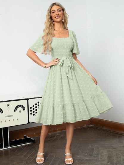 Square Neck Swiss Dot Ruffle Tie Waist Midi Dress - Light Green