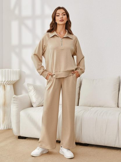 Oversized Half Zip Sweatshirt Wide Leg Pants Set - Khaki