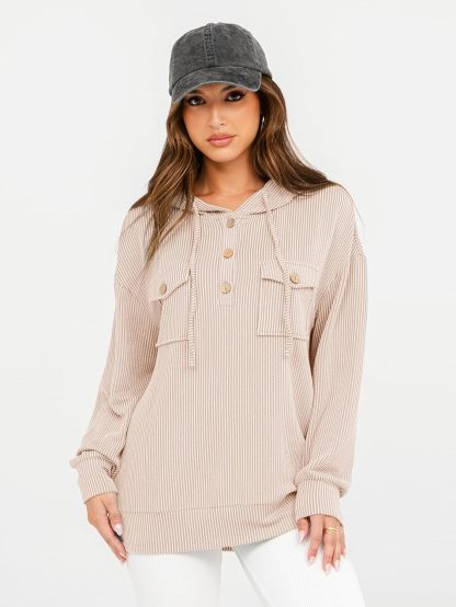 Striped Oversized Hoodie Pullover with Pocket - Apricot