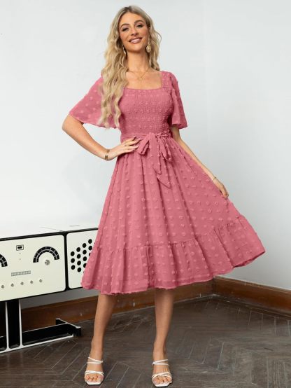 Square Neck Swiss Dot Ruffle Tie Waist Midi Dress - Rust Pink