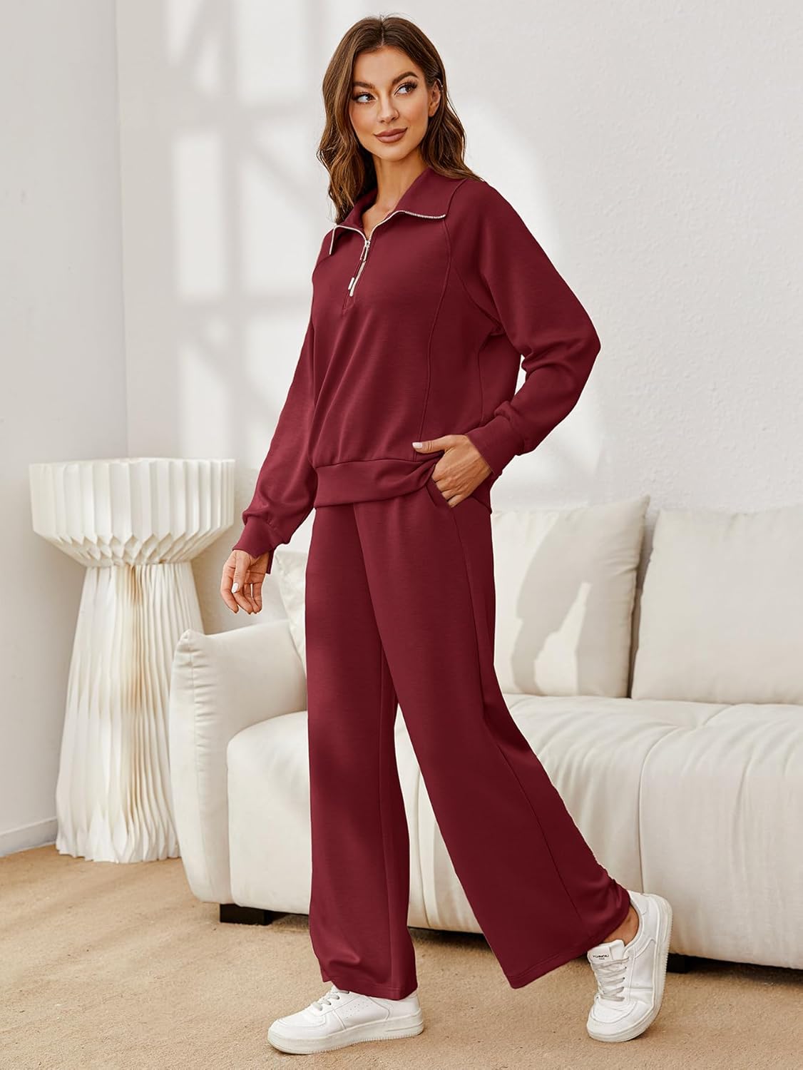 Glamaker Womens 2 Piece Outfits Sweatsuit Set Oversized Half Zip Sweatshirt Wide Leg Sweatpants Lounge Set Tracksuit