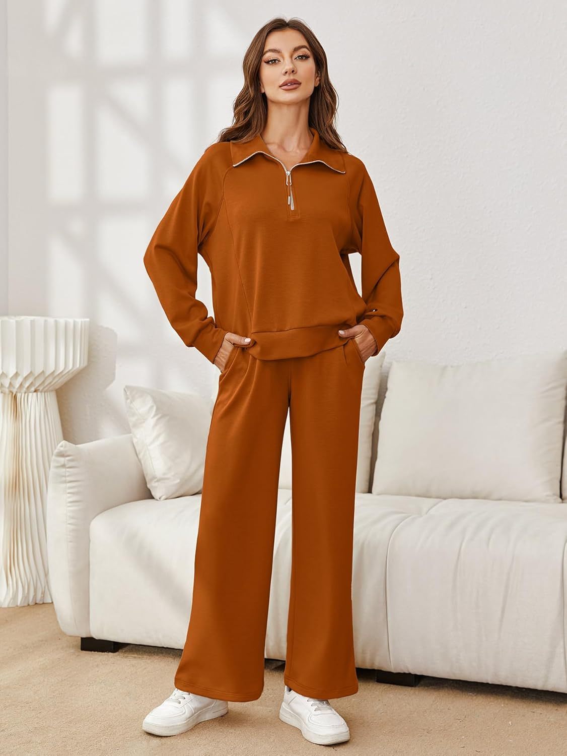 Oversized Half Zip Sweatshirt Wide Leg Pants Set - Orange