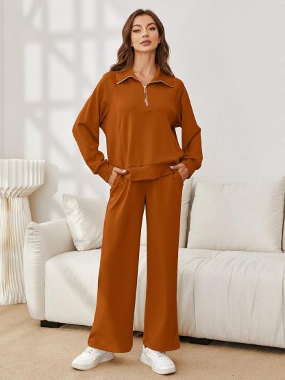 Oversized Half Zip Sweatshirt Wide Leg Pants Set - Orange