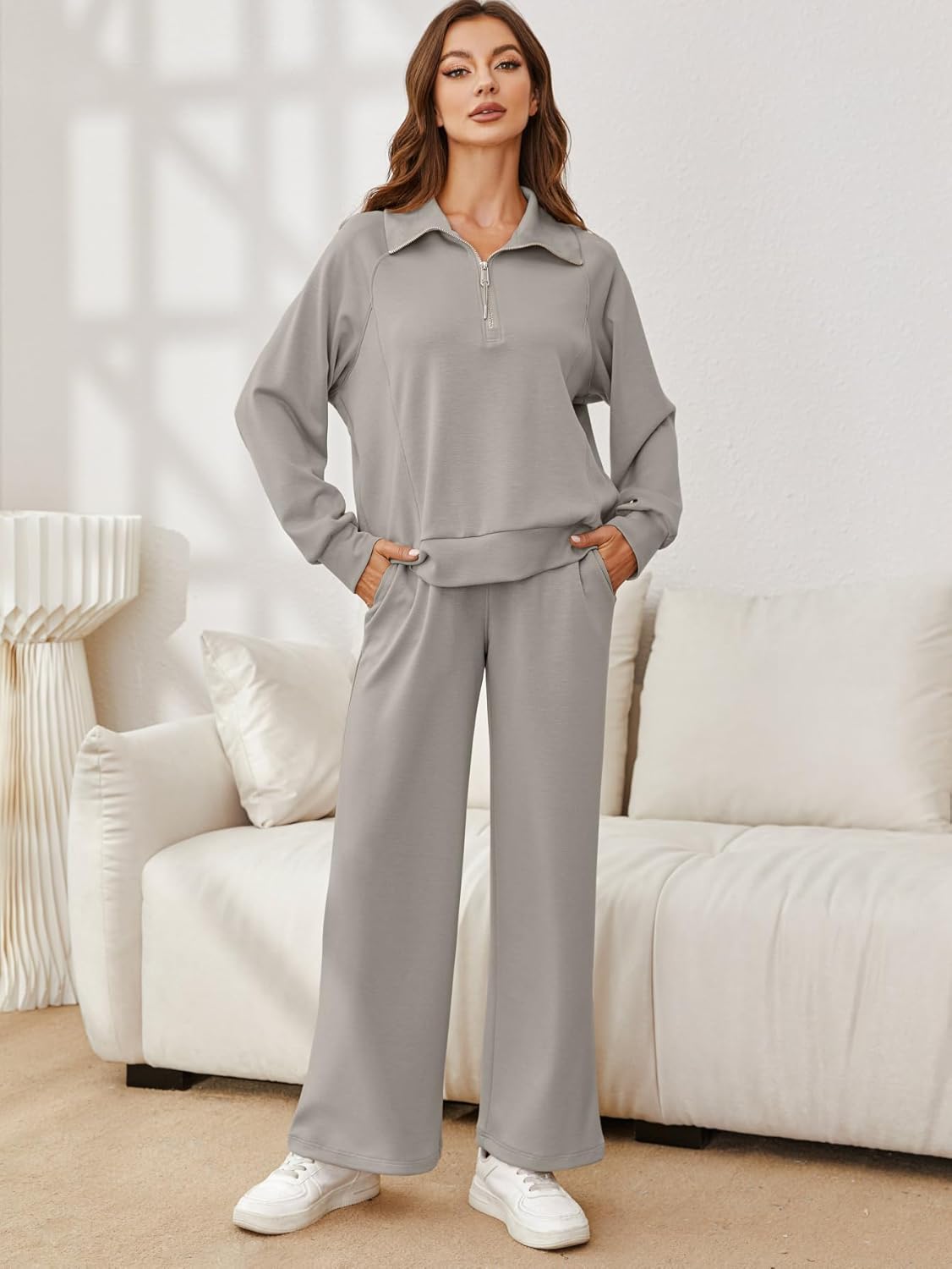 Oversized Half Zip Sweatshirt Wide Leg Pants Set - Medium Grey