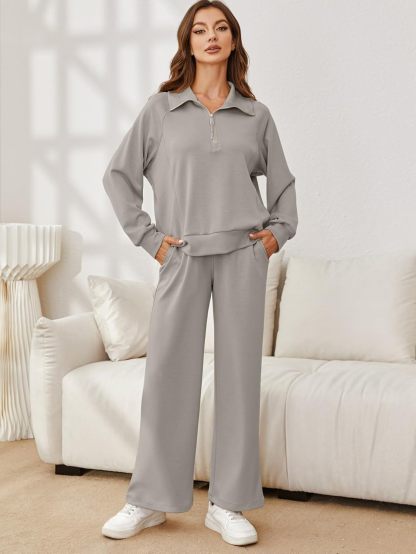 Oversized Half Zip Sweatshirt Wide Leg Pants Set - Medium Grey