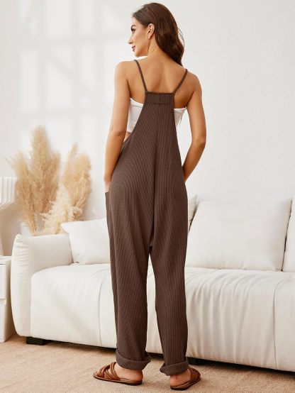 Waffle Knit Strap Wide Leg Pocket Jumpsuit - Coffee