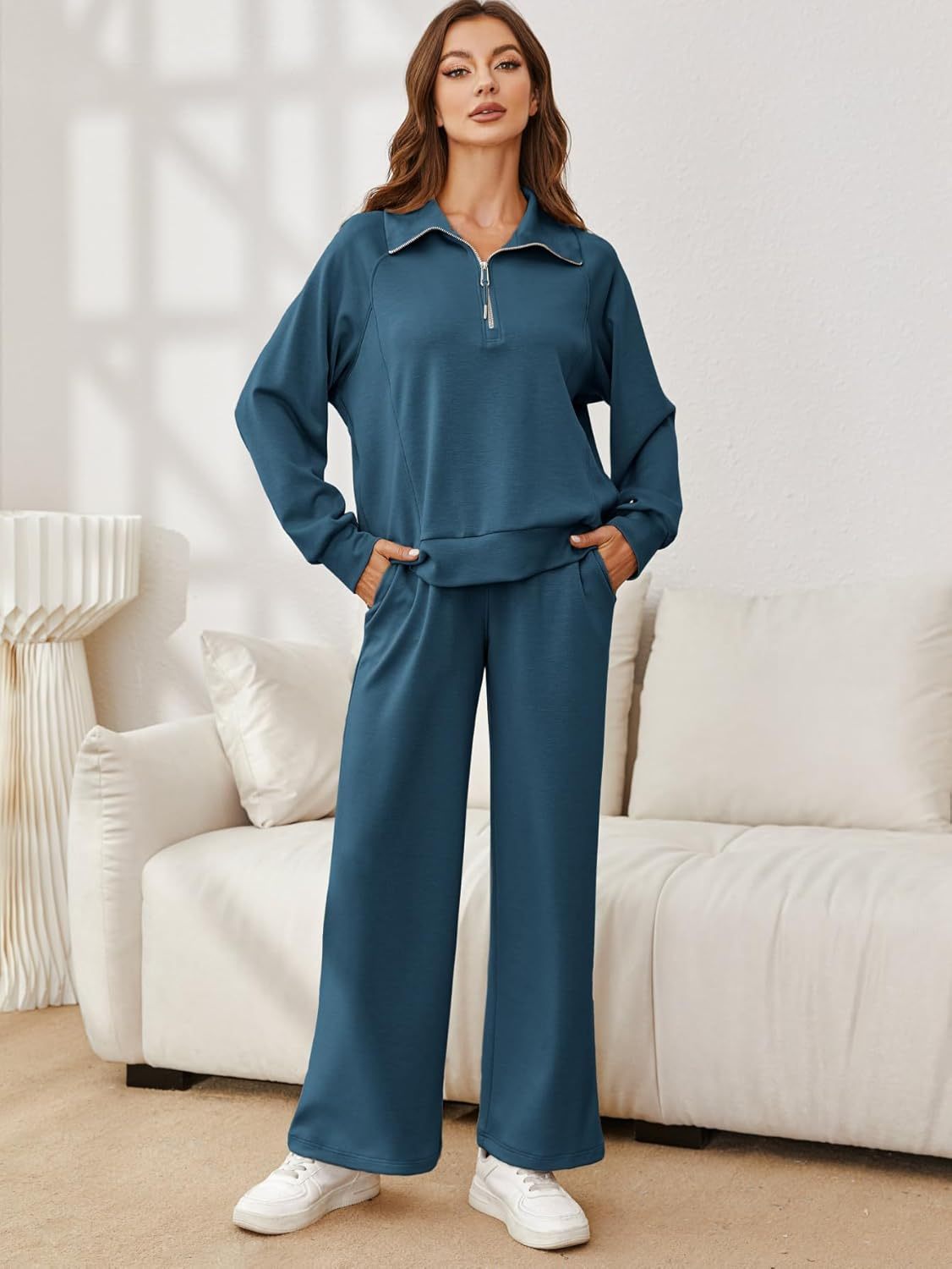 Oversized Half Zip Sweatshirt Wide Leg Pants Set - Dark Blue
