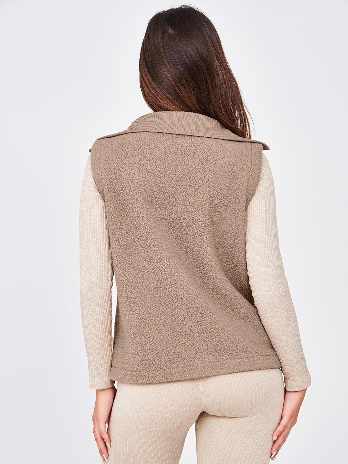 Fuzzy Sleeveless Zip Up Sherpa Vest with Pockets - Grey Khaki