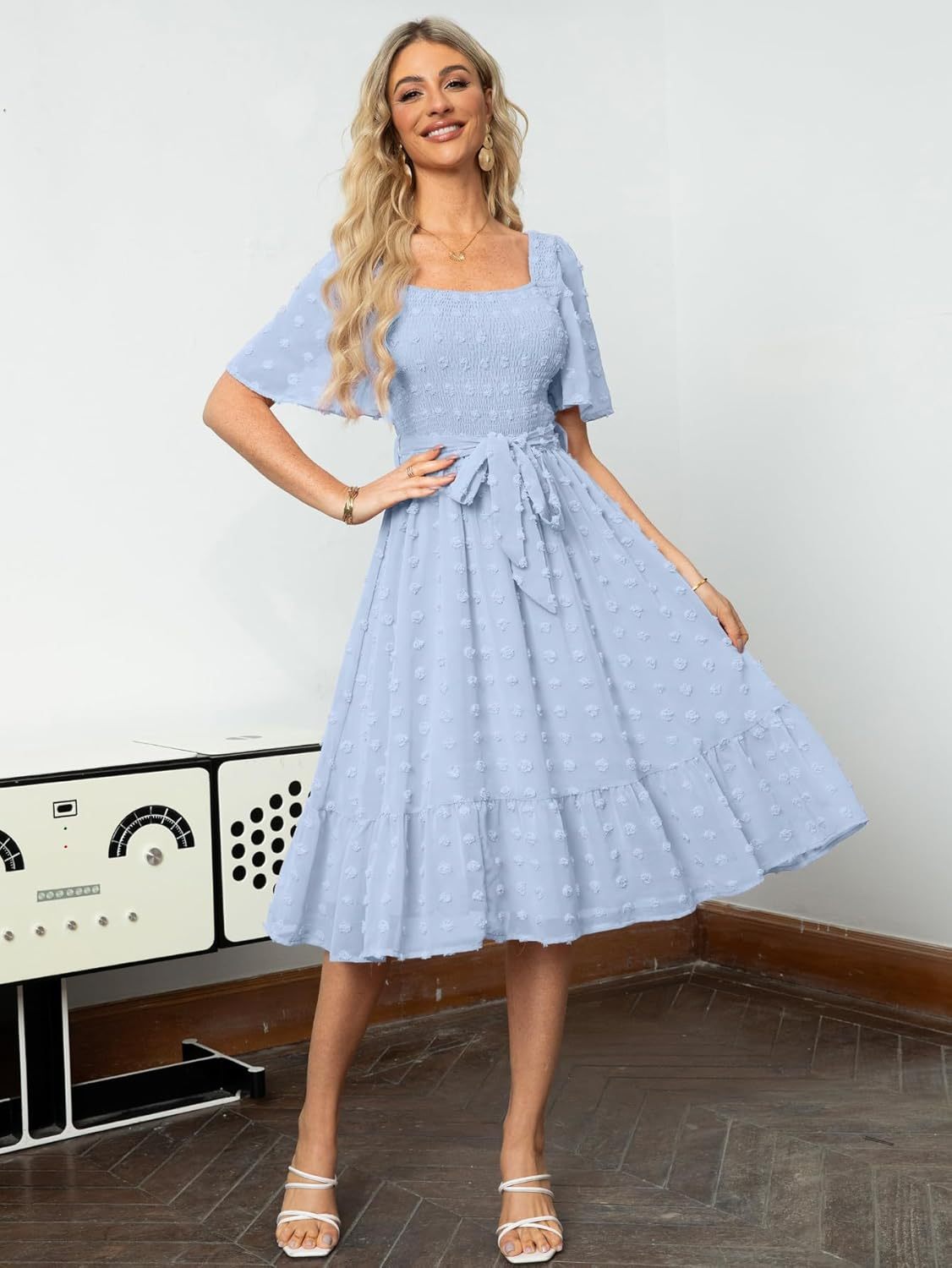 Square Neck Swiss Dot Ruffle Tie Waist Midi Dress - Light Blue