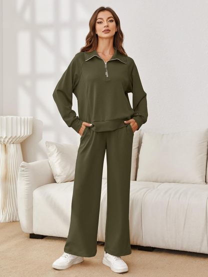 Oversized Half Zip Sweatshirt Wide Leg Pants Set - Army Green