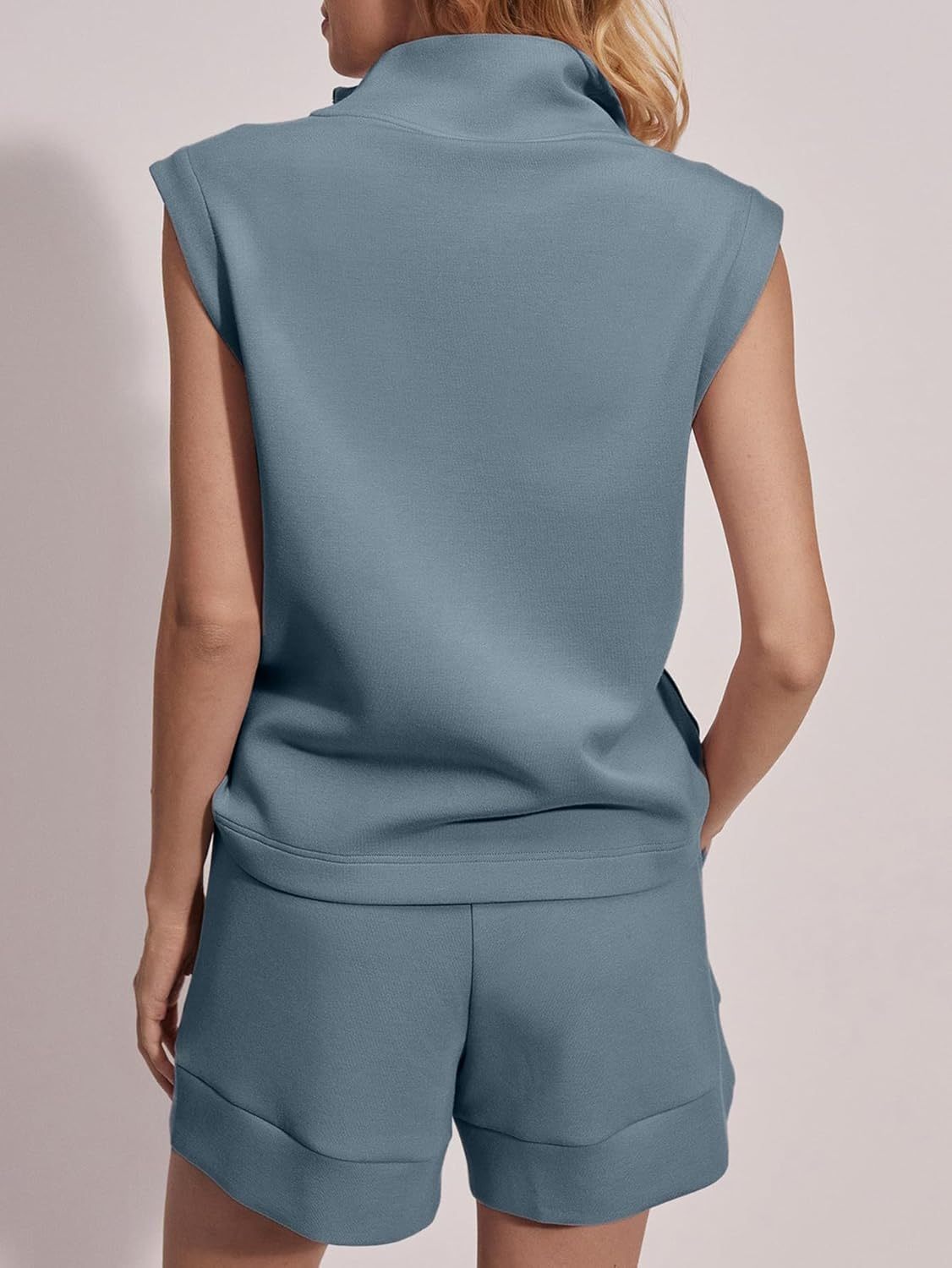 Half Zip Two Piece Athletic Shorts Set - Blue Grey