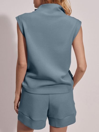 Half Zip Two Piece Athletic Shorts Set - Blue Grey