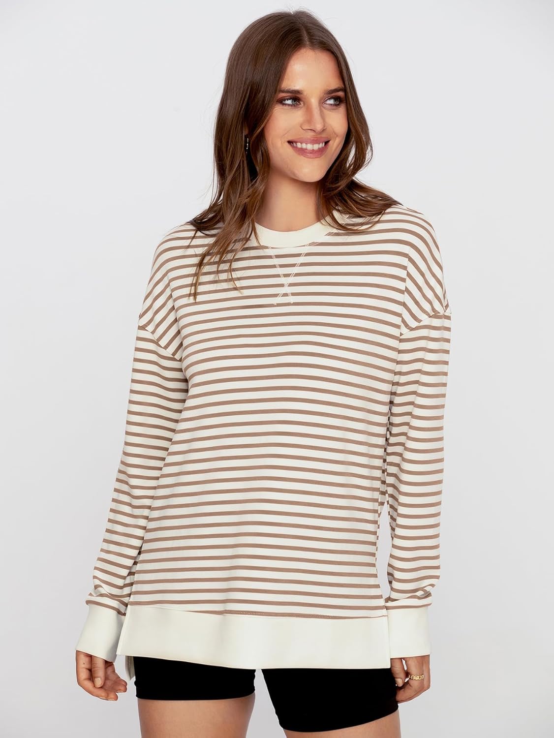 Crewneck Striped Pullover Sweatshirt - Striped-brown