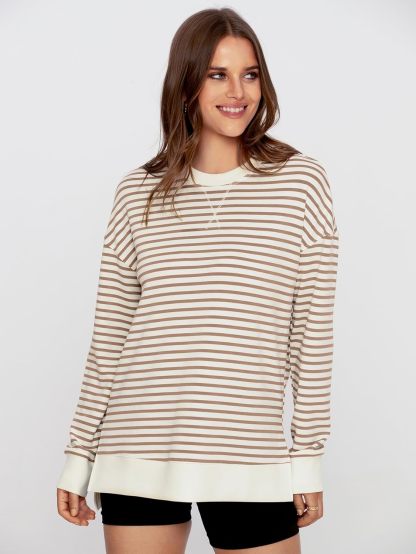 Crewneck Striped Pullover Sweatshirt - Striped-brown