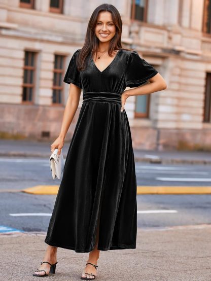Elegant Velvet V-Neck Slit Ruffle Sleeve Maxi Dress - Black