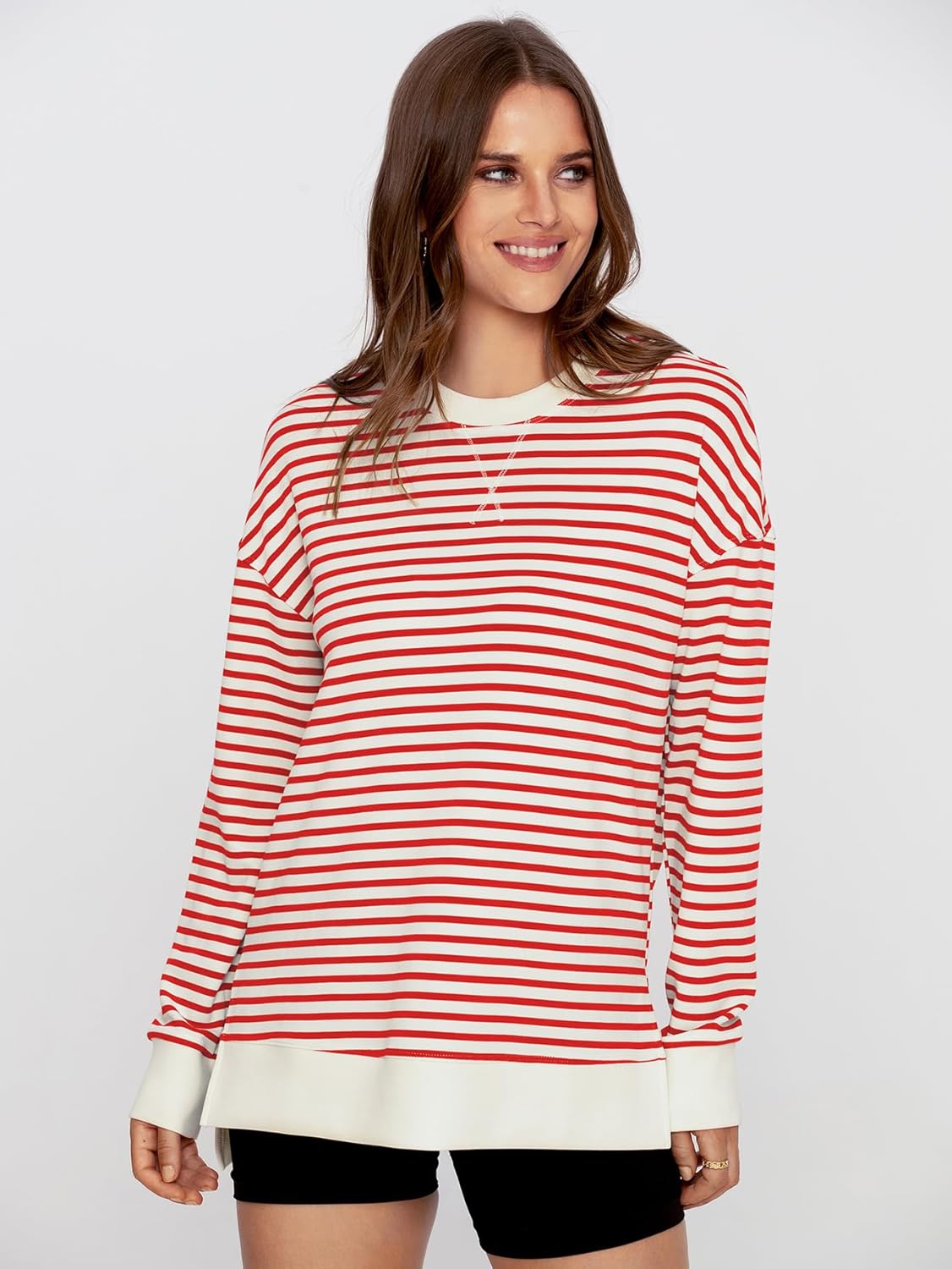 Crewneck Striped Pullover Sweatshirt - Striped-red
